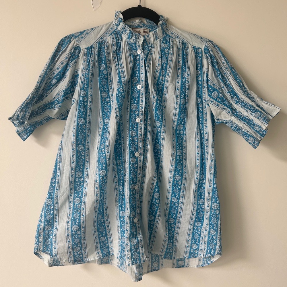 “Mille” button-down shirt with ruffle collar, Aqua Jaipur Stripe, XS